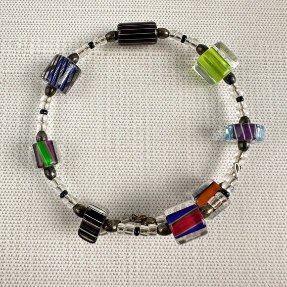 Rainbow Furnace Glass Bead Bracelet Memory Wire Adjustable Handmade Jewelry - Picture 5 of 7